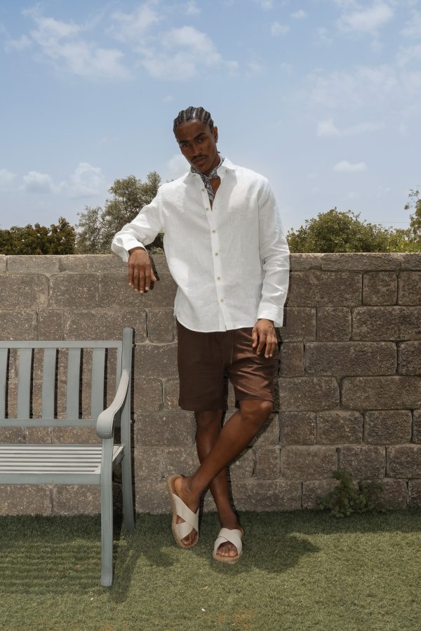 ⁦מכנס חום קצר פשתן⁩ – תמונה ⁦4⁩